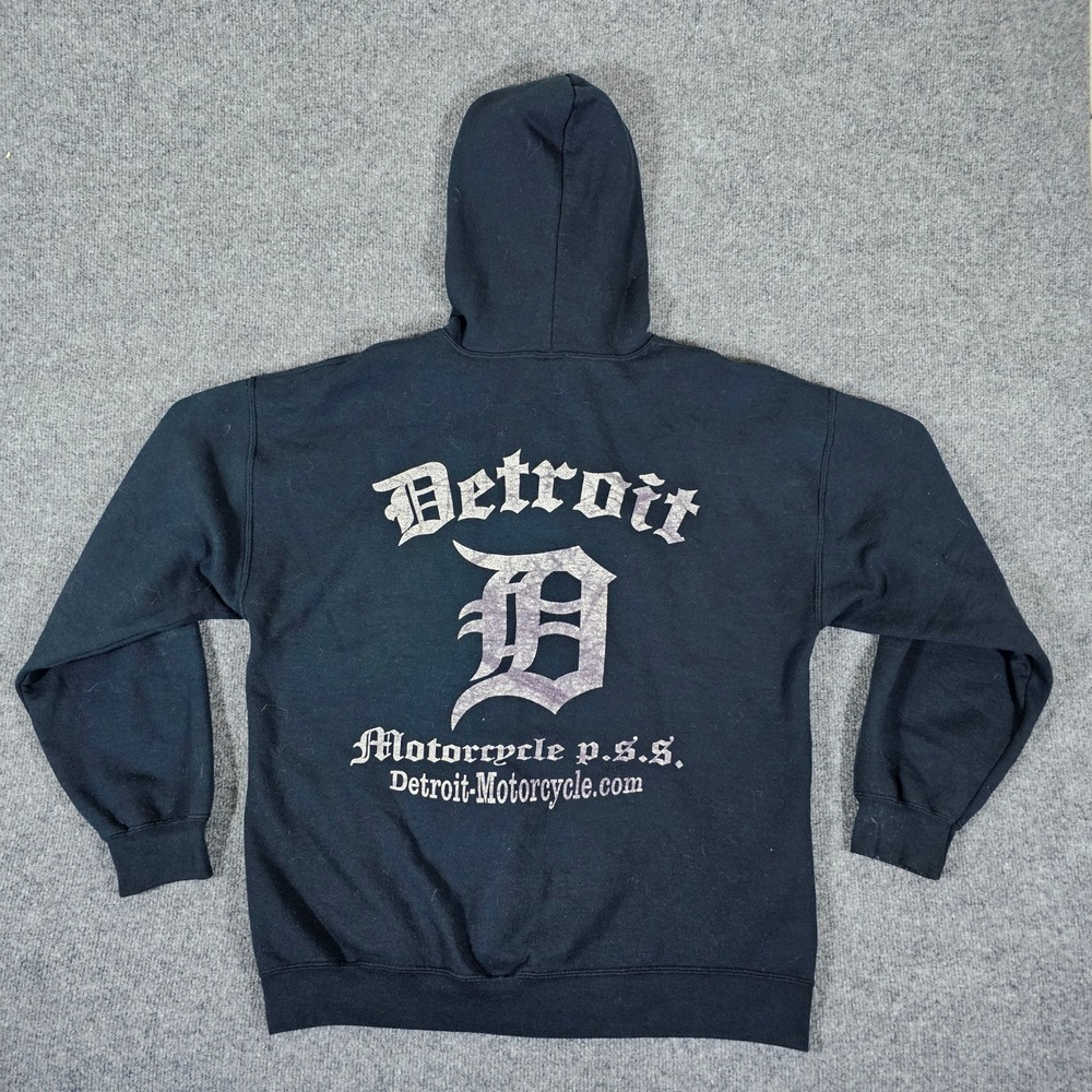Y2K Detroit Motorcycle 2 Sided Zip Up Hooded Sweatshirt Mens Black Size L Skull‎
